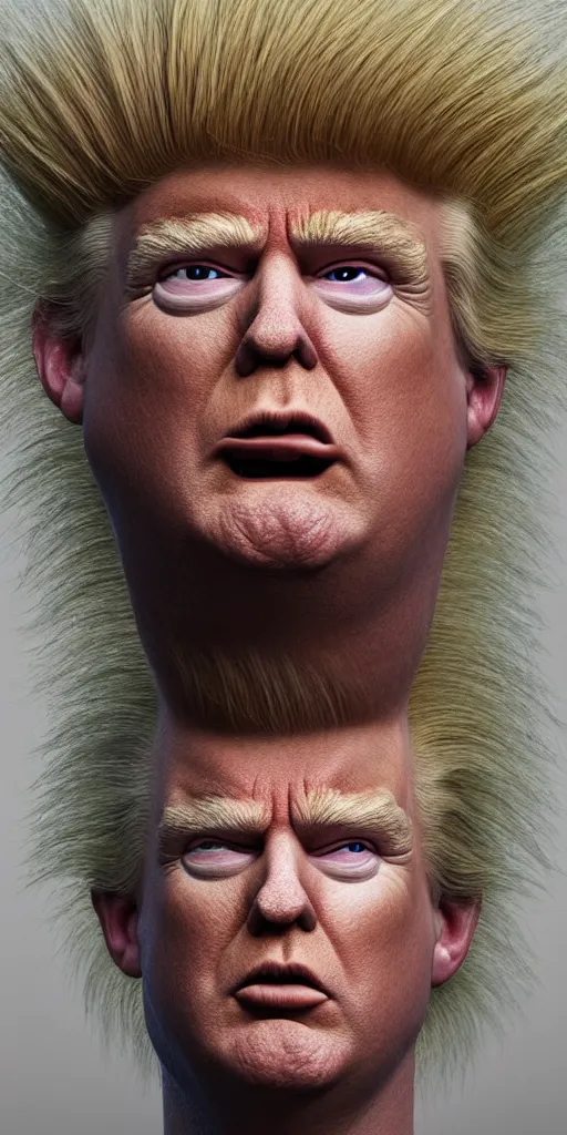 Image similar to hyperrealistic mixed media painting of Trump as a Norwegian Troll doll, stunning 3d render inspired art by P. Craig Russell and Barry Windsor-Smith + perfect facial symmetry + dim volumetric lighting, head and shoulders, serious expression, 8k octane beautifully detailed render, post-processing, extremely hyperdetailed, intricate, epic composition, grim yet sparkling atmosphere, cinematic lighting + masterpiece, trending on artstation, very detailed, masterpiece, stunning