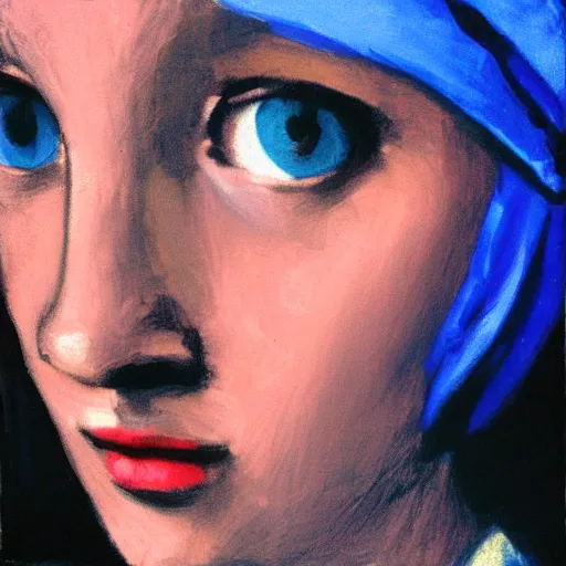 Prompt: fish eye of girl with a pearl earring looking at me, dark lighting