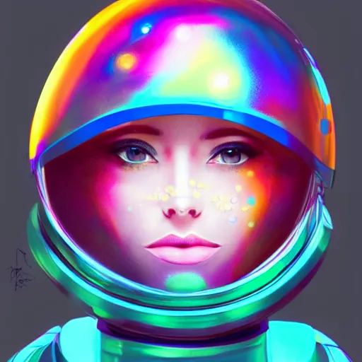 Prompt: a beautiful girl with short hair, her head enveloped by an iridescent bubble spacesuit helmet, trending on artstation, vibrant colors, highly detailed