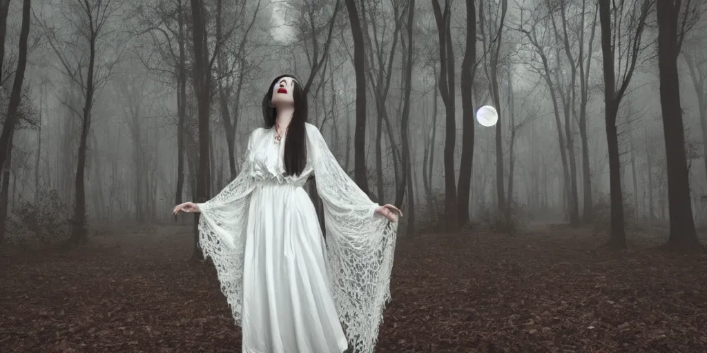 Image similar to a vampire woman in a white lace dress, standing in a dark forest with the moon shining brightly