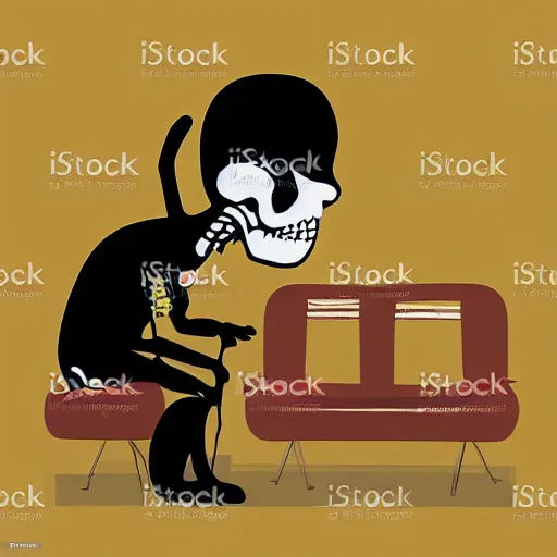 Image similar to skeleton wearing headphones watching girl playing guitar with her black cat, vector art