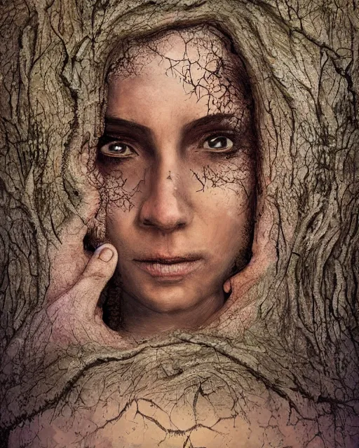 Image similar to The face of a woman being recovered of big tree roots, calm-looking, digital art, artstation, 8k, intricate, meaningful, louisiana bayou background, southern gothic mood