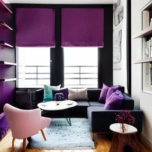 Image similar to award winning interior design city apartment, cozy, fabrics and textiles, deep purple accent color, book shelf, couch, desk, balcony door, plants, photograph magazine, wide angle