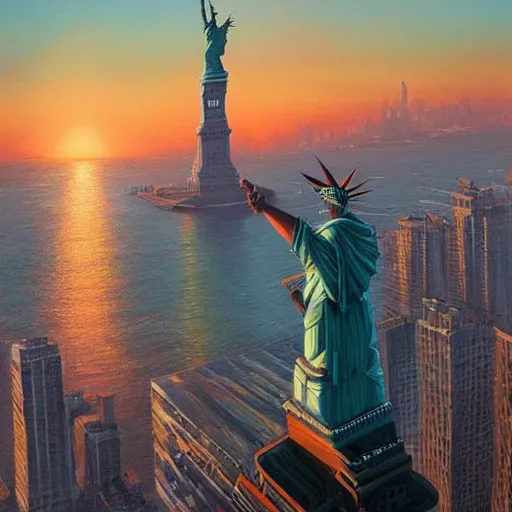 Image similar to very realistic painting of half man half eagle on the statue of liberty, watching the colorful city with highly detailed skyline, sunset, majestic, wonderful, fantasy, by Greg Rutkowski, Trending on Artstation, digital art