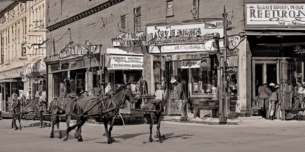 Prompt: old-west banker on busy main street in the style of Fredrick Remington