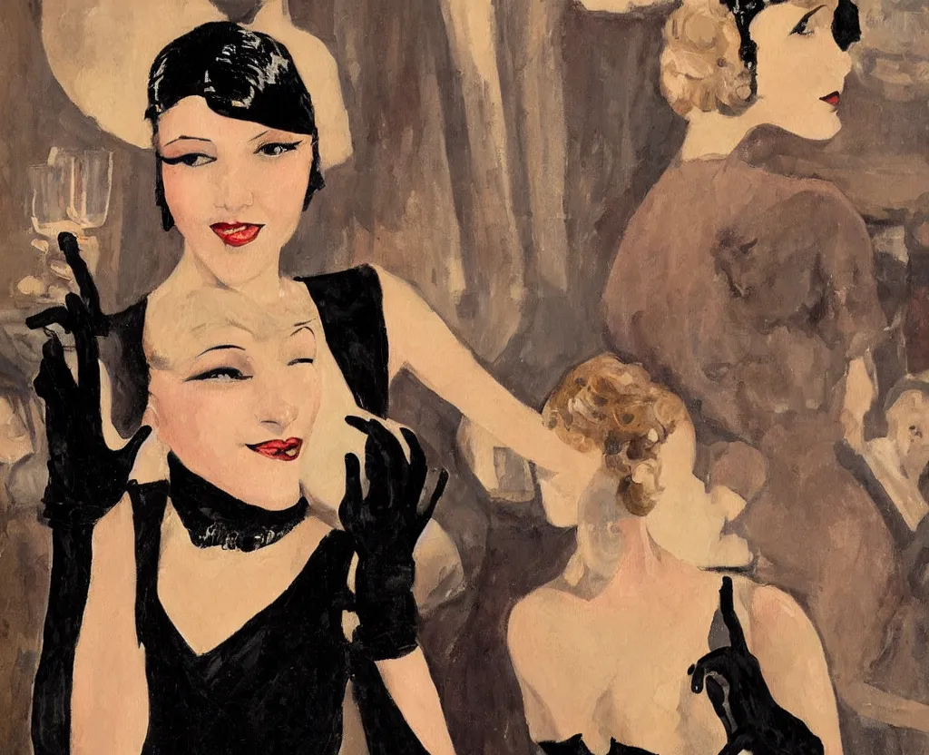 Prompt: realistic painting of a 1 9 2 0 s short - haired flapper woman in black satin gloves looking at the camera, as a party dances in the distant background, at a dimly lit speakeasy bar, jazz age, precise, wide shot, cohesive, stylistic, art deco style, cinematic, low - lighting