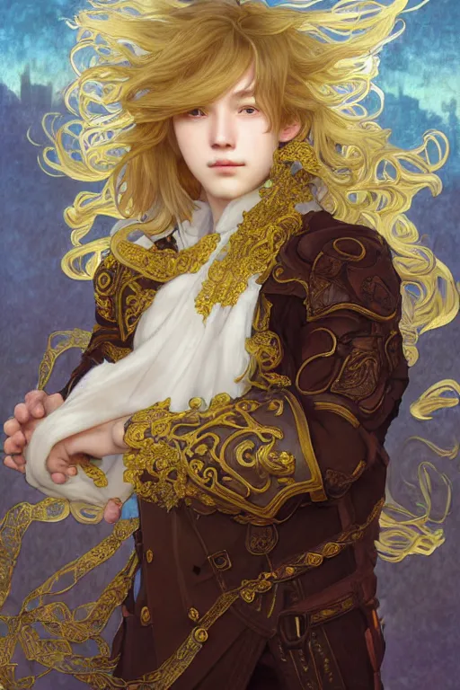 Image similar to fullbody portrait of a young hero with curly blond hairs, soft smile, baroque cloth, luminous scene, final fantasy and legue of legends champion, by chengwei pan and alpfons mucha, gradient white to gold, in front of an iridescent magical building background, highly detailed portrait, digital painting, smooth, focus illustration