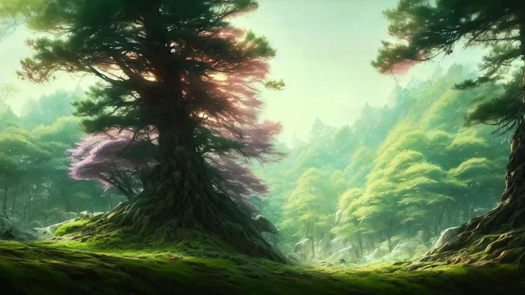 Prompt: forest clearing landscape, pastel color tones, fantasy, elegant, highly detailed, digital painting, artstation, concept art, smooth, sharp focus, illustration, wide angle, artbook, splash art, promo art, soul calibur, league of legends, art by artgerm and greg rutkowski and bo chen and jin xiaodi