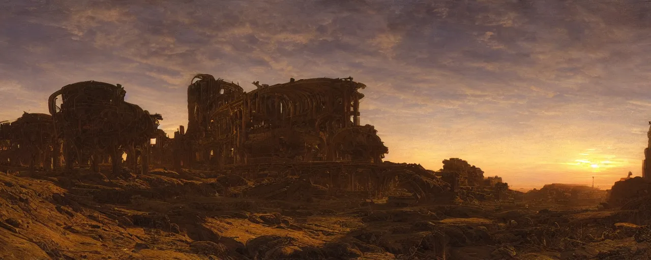 Prompt: a landscape of ancient ruined cyberpunk megastructures, partially operational, joseph wright of derby, peder severin kroyer, unreal engine, detailed, at dusk.