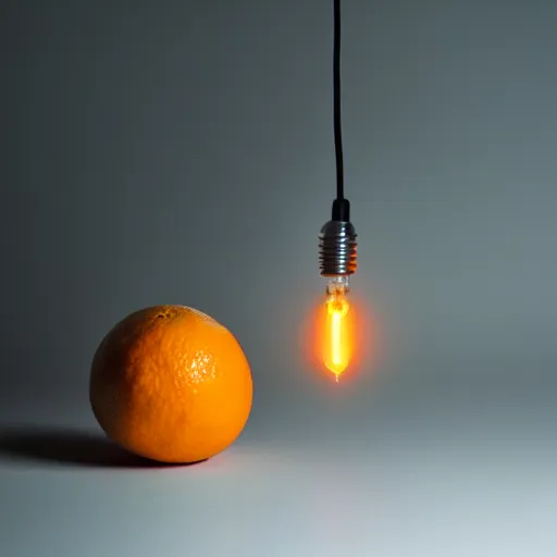 Image similar to a battery made from an orange, powering a lightbulb, photograph by caleb charland