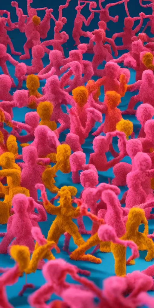 Image similar to group of giant sakura-colored people dancing made out of fluffy pipecleaners in the style of Jean-Michel Basquiat, 3D cinematic lighting, spotlight at a 90 DEGREE ANGLE, photorealism, octane render, depth of field, 8k, 35mm, artgem, Trending on artstation