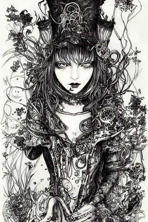 Prompt: Emo Alice in wonderland tarot card , pen and ink, intricate line drawings, by Yoshitaka Amano, Ruan Jia, Kentaro Miura, Artgerm, watercolor