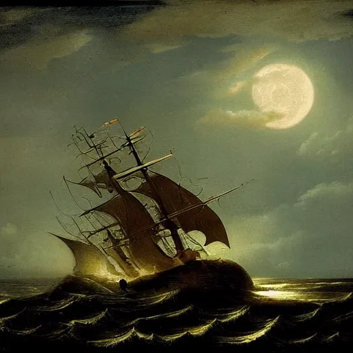 Image similar to moonlit ocean, stars in sky, leviathan attacking pirate ship flying in the sky by peter balke