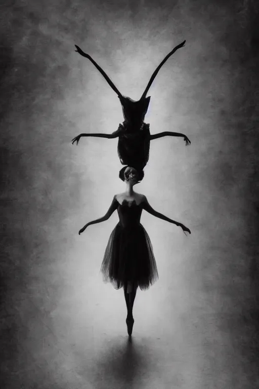 Prompt: dark ballerina, emil melmoth, concept art, deviantart, dark, 3 5 mm, chiaroscuro, surrealist, victorian, mist, dark, on an empty stage from above, symmetrical face