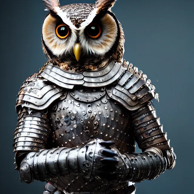 Prompt: full length photo of an owl man wearing armour, highly detailed, 4 k, hdr, smooth, sharp focus, high resolution, award - winning photo