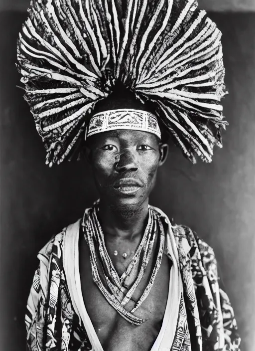 Prompt: analogue photo of an african chief wearing Japanese Kimono, african facial features, full body shot, 35mm, f/1.4, black & white, photographed by Martha Cooper,