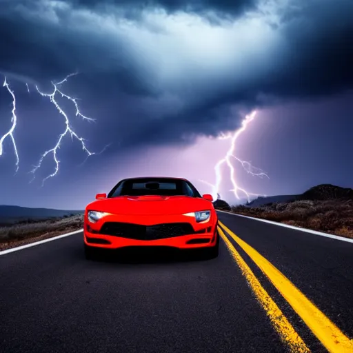Prompt: black trans - am driving towards the camera, mountain, valley, breathtaking mountains, particles floating, dynamic, cinematic, motionblur, volumetric lighting, wide shot, low angle, red glow in sky, large lightning storm