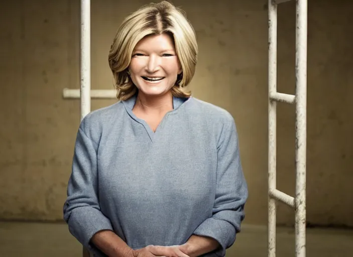 Image similar to photo still of martha stewart!!!!!!!! at age 4 6 years old 4 6 years of age!!!!!!!! in a prison cell behind bars, 8 k, 8 5 mm f 1. 8, studio lighting, rim light, right side key light