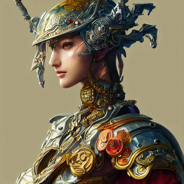 Image similar to studio portrait of lawful good colorful female holy mech paladin as absurdly beautiful, elegant, young sensual pretty woman, ultrafine hyperrealistic detailed face illustration by kim jung gi, irakli nadar, intricate linework, sharp focus, bright colors, matte, octopath traveler, final fantasy, unreal engine highly rendered, global illumination, radiant light, intricate environment