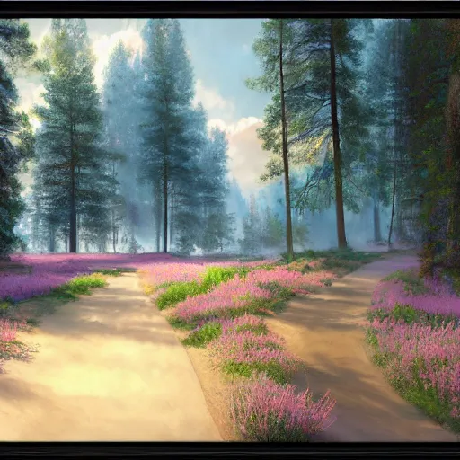 Image similar to solace hermatige cottage peaceful clouds beautiful woods trees pine, nice view, gradient of pink and blue, mystical realistic poster with shaded lighting by craig mallismo, artgerm, jeremy lipkin and michael garmash, unreal engine, radiant light, detailed and complex environment city utopia spirituality sacred geometry with implied lines