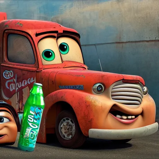 Prompt: mater from cars 2 drinking soda, detailed