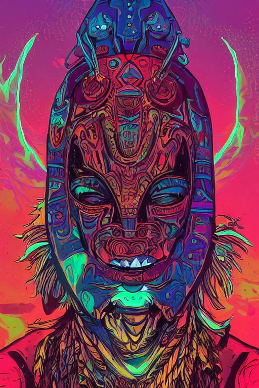 Image similar to totem animal tribal chaman vodoo mask feather gemstone plant wood rock video game illustration vivid color borderlands by josan gonzales and dan mumford radiating a glowing aura