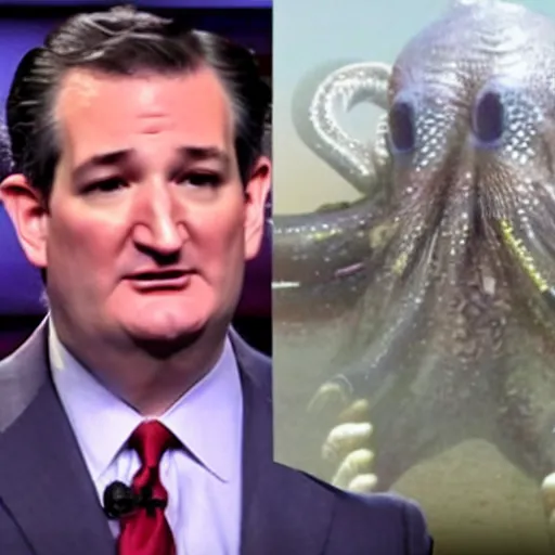 Prompt: ted cruz as a hideous octopus monster, destroys a city, news coverage on local affiliate