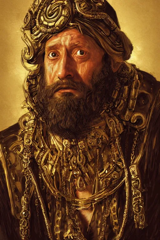 Prompt: portrait, headshot, digital painting, of a old 17th century, bearded cyborg merchant, amber jewels, baroque, ornate clothing, realistic, hyperdetailed, chiaroscuro, concept art, art by Franz Hals