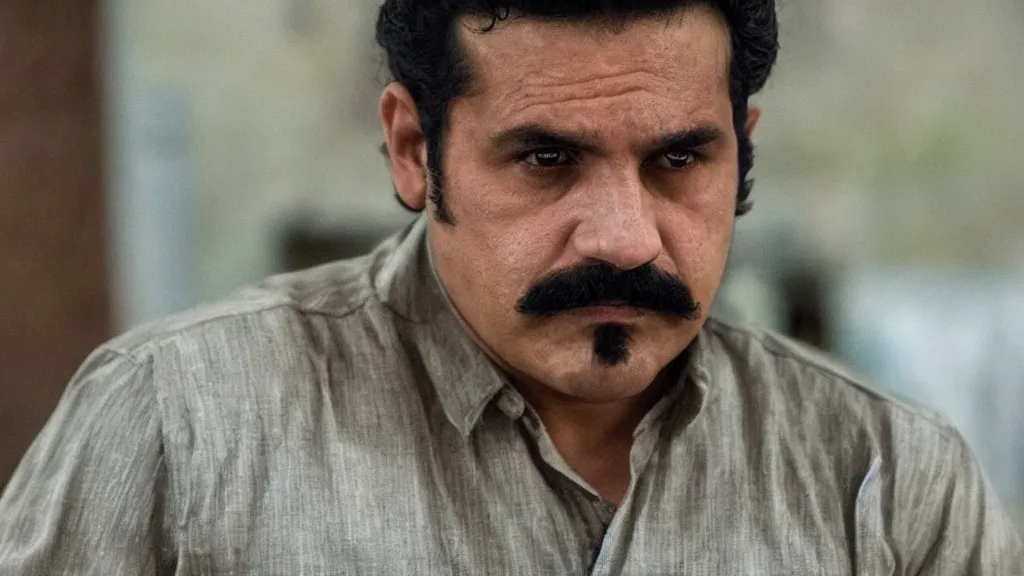 Image similar to A still of the drug kingpin El Mencho in the Narcos: Mexico TV show, yellow lighting