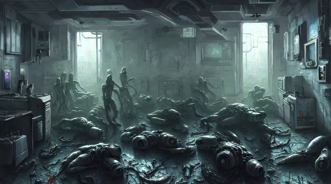 Prompt: grey aliens inside a post apocalyptic room interior, hospital interior, human silhouettes, by thomas kinkade trending on artstation, photorealistic, hyper detailed, hyper realistic, cyberpunk 2 0 7 7 vibrant colors, small blood stains on the walls, corpses floor, weapon damage
