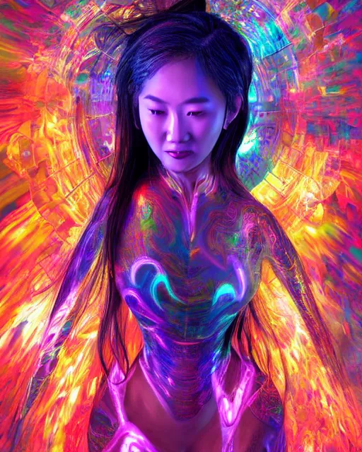 Image similar to a powerful energy psychedelic matrix asian woman, by alexander fedosav, hyper detailed digital matte painting, concept art, hyperrealism, 1 6 k resolution, cinema 4 d, 8 k resolution, trending on artstation, behance hd, a masterpiece, by stephan martiniere, particles, cel - shaded, power bright neon energy, by david a. hardy,