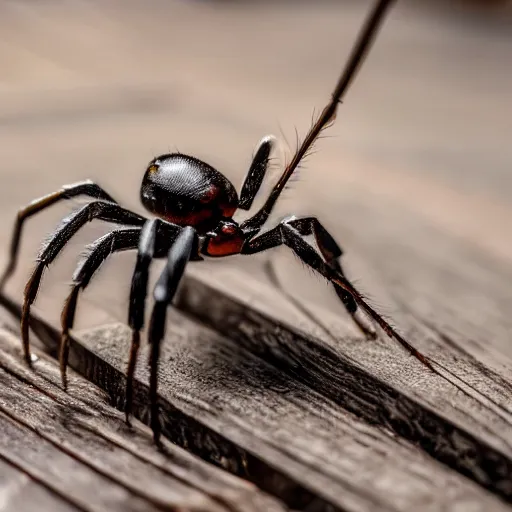 Image similar to a close up shot of a spider attacking a ant on a wooden table, microshot.