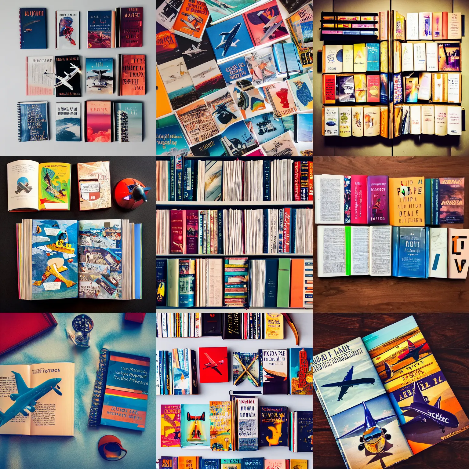 Prompt: flatlay airplane book collection, vivid colors, dramatic lighting