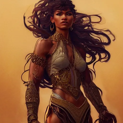 Image similar to fullbody portrait of Zendaya, muscular, upper body,big chest, amazon warrior, fantasy, intricate, elegant, highly detailed, digital painting, artstation, concept art, matte, sharp focus, illustration, art by Artgerm and Greg Rutkowski and Alphonse Mucha