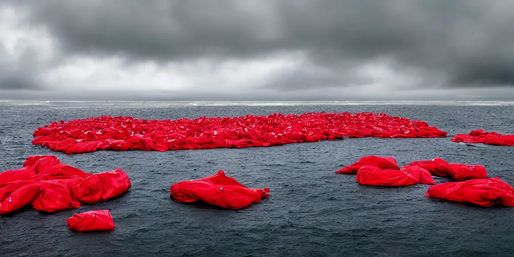 Prompt: photography of thousand of red garbage bags floating in the middle of a stormy ocean, photography by cindy sherman, cinematic, photography award winning, rule of thirds, golden ratio, phi