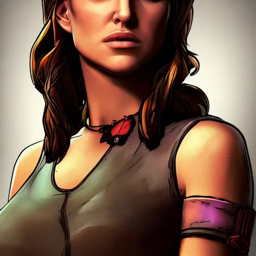 Image similar to young natalie portman portrait, borderlands, tales from the borderlands, the wolf among us, comic, cinematic lighting, studio quality, 8 k