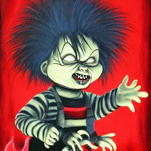 Prompt: emo fantasy painting of chucky by dr seuss | horror themed | creepy