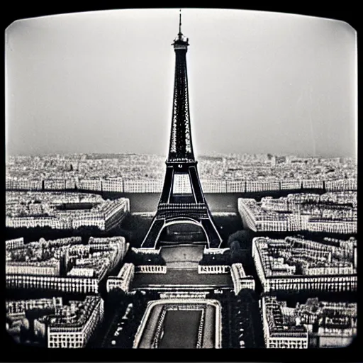 Image similar to extensive smoke rising from the top of the eiffel tower, aerial view, several police cars and crowds running across the ground, polaroid, 6 0's, hyperrealism, no blur, 4 k resolution, ultra detailed