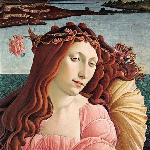 Image similar to an ultradetailed mythological oil painting of a beautiful woman with long brown hair, full body, wearing pink floral chiton, sleeping on a giant scallop shell, near the seashore, intricate lines, elegant, renaissance style, by sandro botticelli