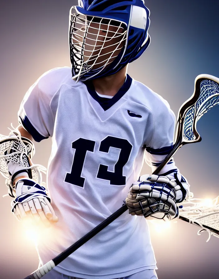 Image similar to closeup portrait of very beautiful cute male lacrosse player in a penn state stadium, glamour pose, particle effects, backlit, highly detailed, soft ambient lighting, sharp focus, rule of thirds, artgerm, wlop, arney freytag, rossdraws, frank frazetta, andrei riabovitchev, hd, octane, 4 k