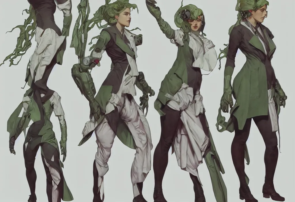 Image similar to a full body character design by artgerm, cushart krenz, greg rutkowski and alphonse mucha. mad scientist woman lab coat!! green plasma laser gun!! cyborg limbs!! sharp edges. ultra clear detailed. 8 k. ultra detailed, elegant, intricate, octane render.