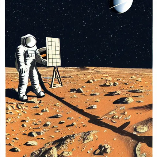 Prompt: astronaut walking on Mars with a rover in the background, Vintage Magazine Illustration