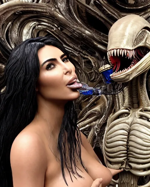 Image similar to cinematic still of kim kardashian being mouth fed by an xenomorph feeding her a transparent alien liquid, wet flowing hair, gooey skin, illustration, unreal engine 5, 8 k, directed by h. r. giger.