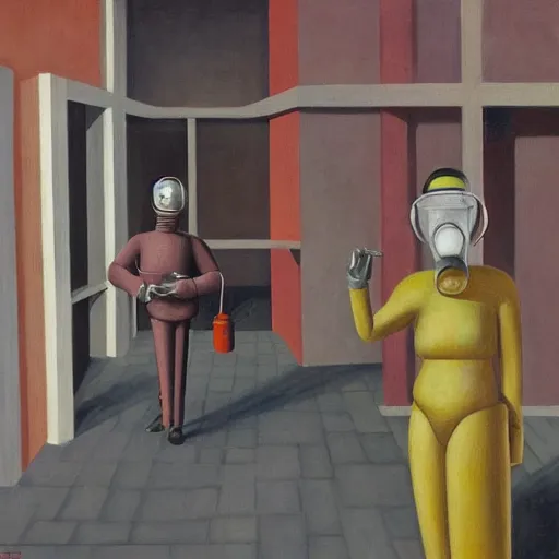 Image similar to drab workers wearing gas masks walking along cloisters, brutalist courtyard, watched by robots, dystopian, pj crook, edward hopper, oil on canvas