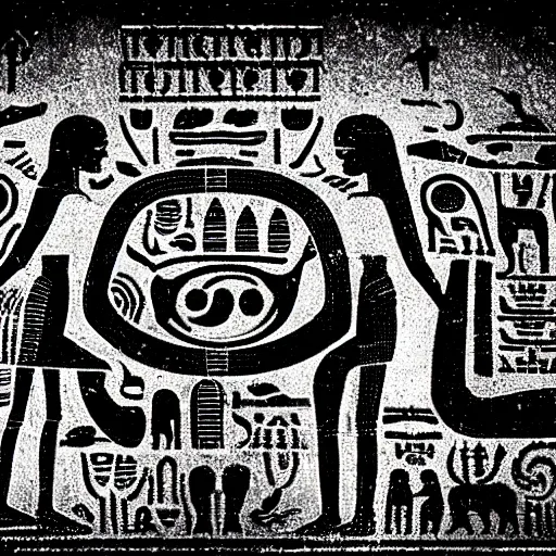 Prompt: black and white alien hieroglyphs, very contrasted