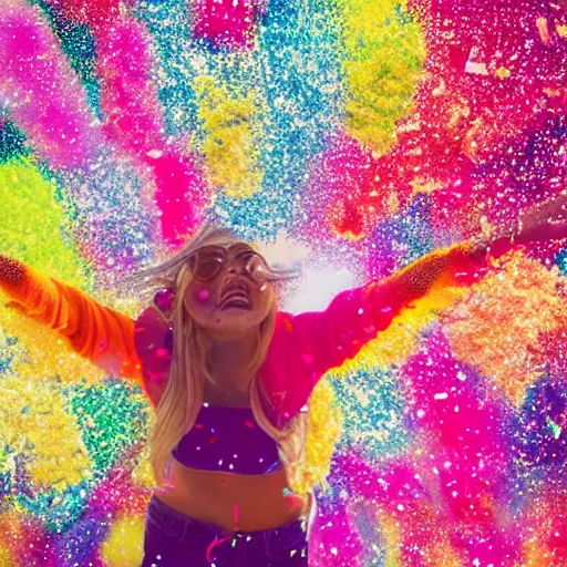 Image similar to girl exploding into a cloud of confetti, festive, neon, bright colors, daytime