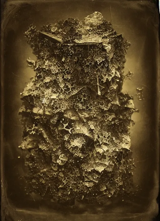 Image similar to old wetplate daguerreotype explosion of data fragments, fractal, intricate, elegant, highly detailed, parallax, leica, medium format, subsurface scattering, by jheronimus bosch and greg rutkowski and louis jacques mande daguerre