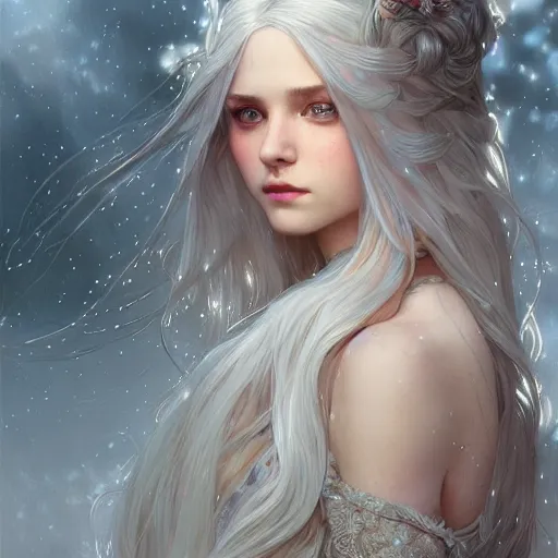 Image similar to girl with super long hair, hair becoming white snow, intricate, highly detailed, digital painting, artstation, concept art, smooth, sharp focus, illustration, unreal engine 5, 8 k, art by artgerm and greg rutkowski and alphonse mucha