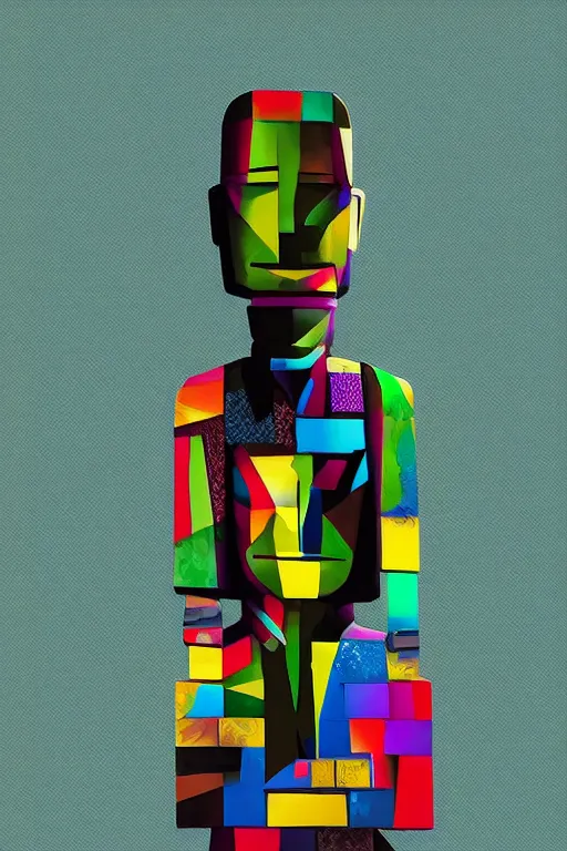 Image similar to cubist moai statue cutout digital illustration cartoon colorful beeple