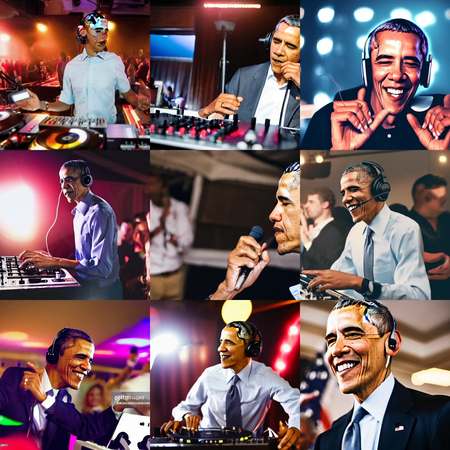 Prompt: photograph of president barack Obama DJing a party while wearing headphones, realistic, stock photo, 4K, professional journalistic photography.